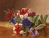 A Still Life with Honeysuckle, Blue Cornflowers and Bluebells on a Marble Ledge